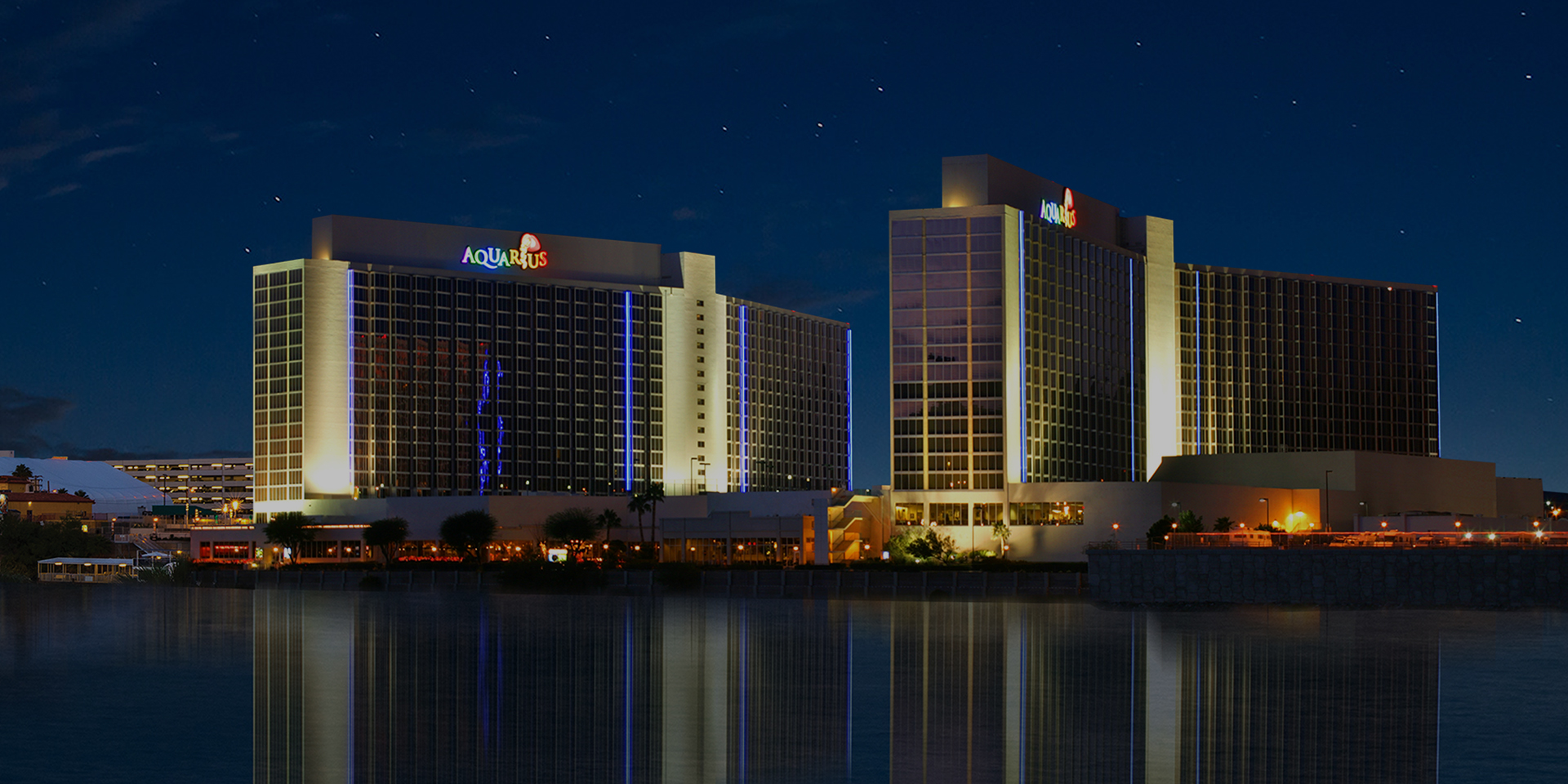 Exterior of Aquarius Casino Resort at dusk